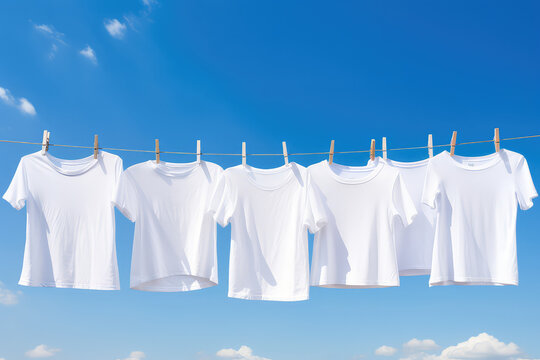 White t-shirts hanging on the line with pegs on clear blue sky background. Many simple white shirts.