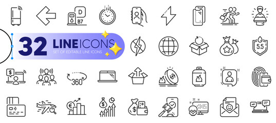 Outline set of Loyalty points, Refrigerator and Euro rate line icons for web with Cyber attack, Laptop, User call thin icon. Developers chat, Energy, Brand ambassador pictogram icon. Vector