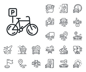Bike park sign. Plane, supply chain and place location outline icons. Bicycle parking line icon. Public transport place symbol. Bicycle parking line sign. Taxi transport, rent a bike icon. Vector