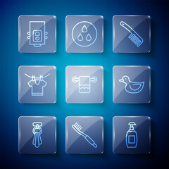 Set line Towel on a hanger, Toothbrush, Bottle of liquid soap, Hairbrush, Drying clothes, Gas boiler and Rubber duck icon. Vector