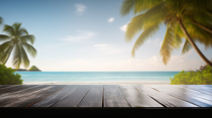 empty wooden table with background of beach with palm trees 