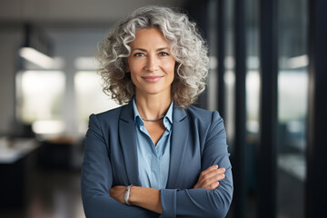 Beauty middle aged business woman standing in office arms crossed - obrazy, fototapety, plakaty