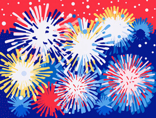 A Risograph Illustration of Abstract, Layered Fireworks During a Celebration