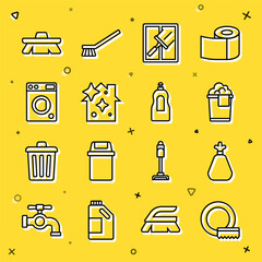 Set line Washing dishes, Garbage bag, Bucket with foam, Rubber cleaner for windows, Home cleaning service, Washer, Brush and Dishwashing liquid bottle icon. Vector