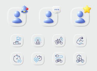 Bike timer, Cardio training and Yoga line icons. Placeholder with 3d star, reminder bell, chat. Pack of Winner flag, Timer, Strong arm icon. Electric bike, Bicycle lockers pictogram. Vector