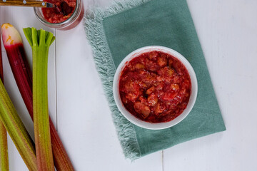 homemade rhubarb jam on white background