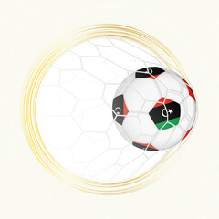 Football emblem with football ball with flag of Libya in net, scoring goal for Libya.
