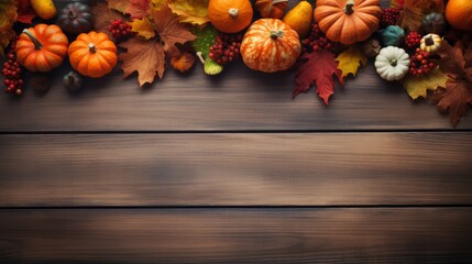 Thanksgiving or autumn scene with pumpkins on wooden background. autumn time, season fruits and vegetables, top view , banner