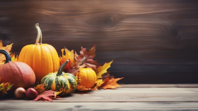 Thanksgiving or autumn scene with pumpkins on wooden background. autumn time, season fruits and vegetables