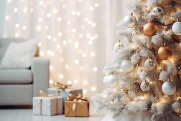 Obraz na płótnie Canvas Christmas tree in the living room, festive interior, soft focus