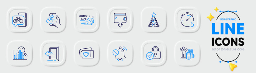 Timer, Verified locker and Wallet line icons for web app. Pack of Budget profit, Mute sound, Entrance pictogram icons. Bike app, Love tickets, Christmas tree signs. Search, Fitness, Quick tips. Vector