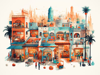 A Risograph Illustration of the Layered Architecture of a Bustling Marrakesh Market
