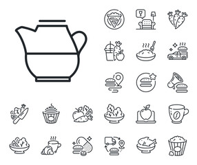 Fresh drink sign. Crepe, sweet popcorn and salad outline icons. Milk jug for coffee icon. Beverage symbol. Milk jug line sign. Pasta spaghetti, fresh juice icon. Supply chain. Vector