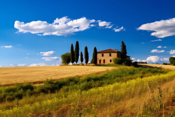 Fototapeta na wymiar Typical Tuscan old farmhouse with a beautiful landscape in the background. View on the facade