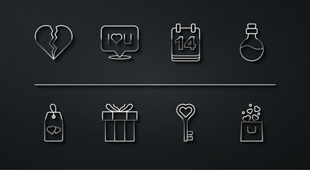 Set line Broken heart or divorce, Please do not disturb with, Bottle love potion, Key in shape, Gift box, Speech bubble text I you, Shopping bag and Calendar February 14 icon. Vector