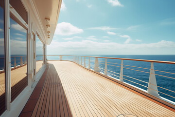 A beautiful shot from the deck of the yacht under a blue sky and sun at day time - obrazy, fototapety, plakaty