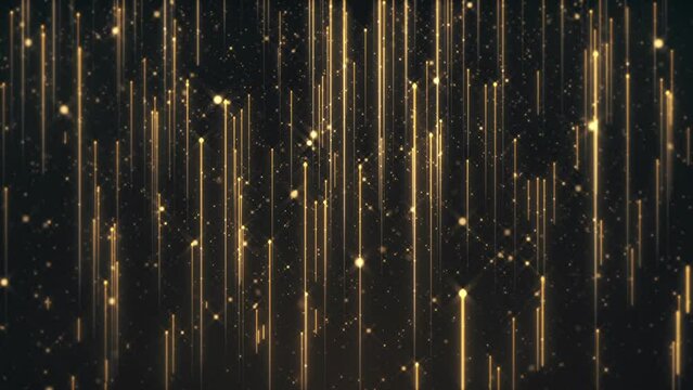 Abstract background animation with glittering shiny gold particles and shooting golden stars. This luxury shiny glamorous awards ceremony motion background animation is full HD and a seamless loop.