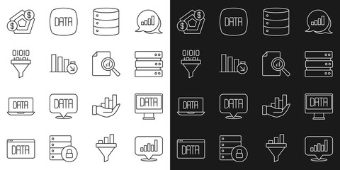Set line Pie chart infographic, Data analysis, Server, Financial growth decrease, Binary code, and Document with icon. Vector