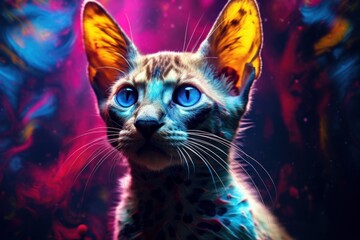 Colorful art - the head of an oriental cat painted with spots splashes of paint