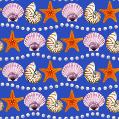 Seamless pattern of a marine, tropical theme. Bright shells, starfish, pearls. Watercolor hand drawn illustration. For decoration and design. On blue background.