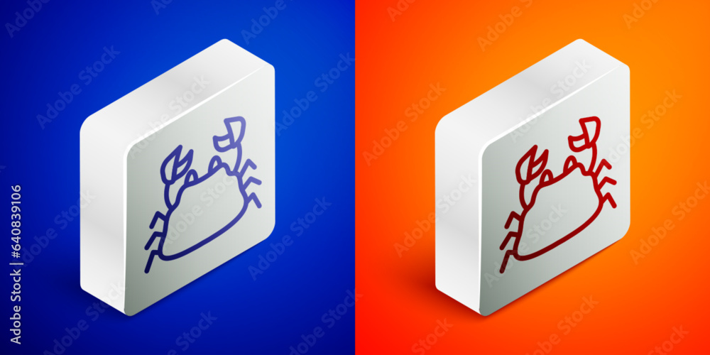 Sticker Isometric line Crab icon isolated on blue and orange background. Silver square button. Vector