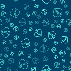 Green line Broken heart or divorce icon isolated seamless pattern on blue background. Love symbol. Valentines day. Vector