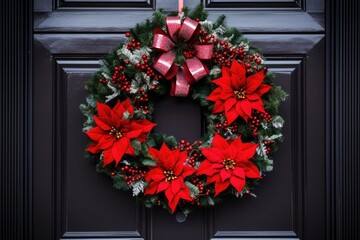 Fototapeta na wymiar Christmas wreath on the door close-up. Christmas, Winter or New Year concept