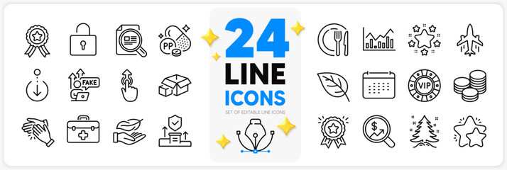 Icons set of Star, Winner ribbon and Lock line icons pack for app with Clapping hands, Scroll down, Dish thin outline icon. Fake internet, Infochart, Plane pictogram. Loyalty award. Vector