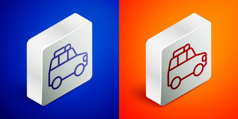 Isometric line Car icon isolated on blue and orange background. Silver square button. Vector