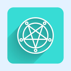 White line Pentagram in a circle icon isolated with long shadow background. Magic occult star symbol. Green square button. Vector