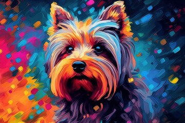 Portrait of a yorkshire terrier dog created with bright paint splatters