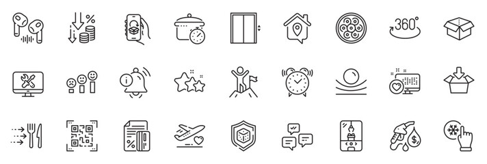 Icons pack as Food delivery, Credit card and Qr code line icons for app include Chat messages, Stars, Information bell outline thin icon web set. Delivery app, Heart, Open box pictogram. Vector
