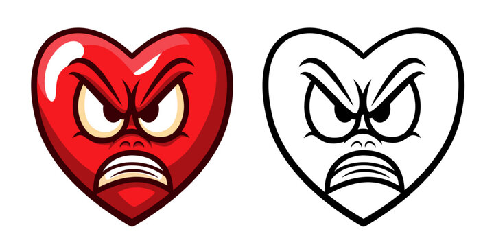 Angry heart cartoon mascot character vector illustration, Mad cartoon heart colored and black and white line art stock vector image