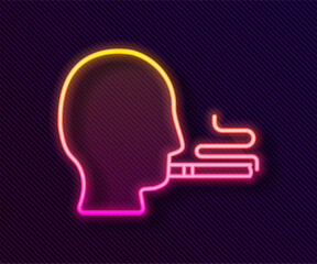 Glowing neon line Man smoking a cigarette icon isolated on black background. Tobacco sign. Vector