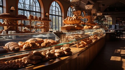 Bakery showcase. Various breads, baguettes. Rye, buckwheat, bran, gluten-free, wheat buns Confectionery. private bakery in the shop.

