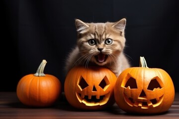 cute kitten and pumkins in the white room, halloween concept