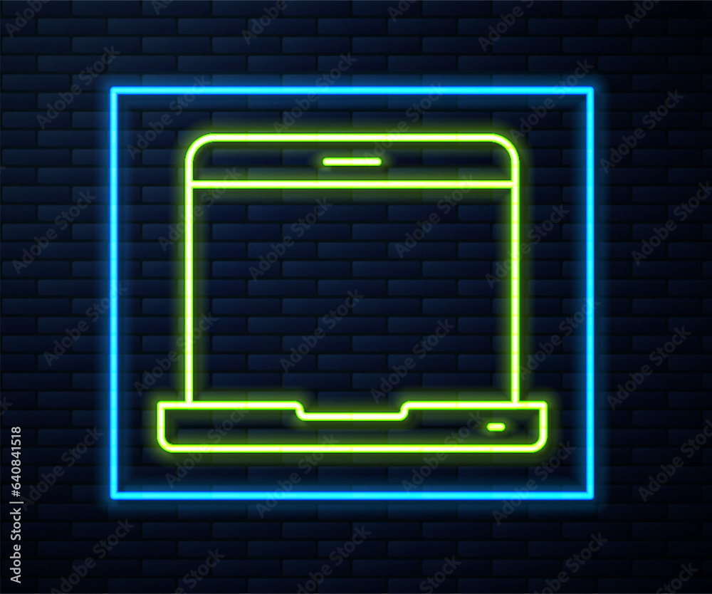 Poster Glowing neon line Laptop icon isolated on brick wall background. Computer notebook with empty screen sign. Vector