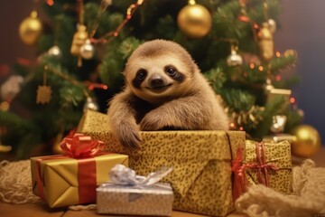 Fototapeta premium cute baby sloth with christmas gift boxes on blurred xmas tree background