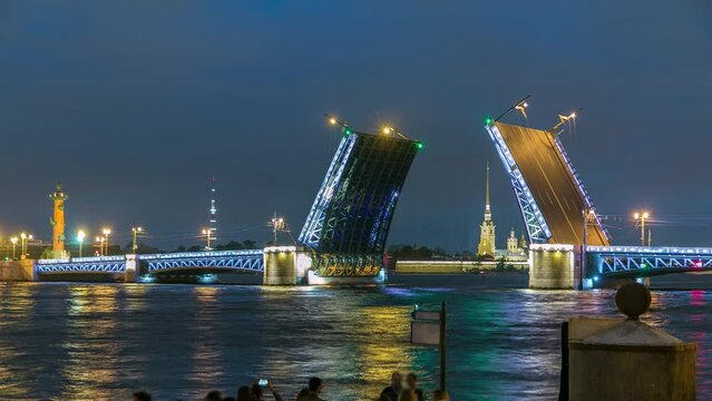 Timelapse of the Classic Symbol of St. Petersburg's White Nights: The Romantic View of Opened Palace Bridge Spanning Between the Spire of Peter and Paul Fortress