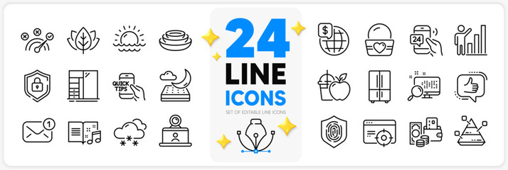 Icons set of Sunset, Seo targeting and Like line icons pack for app with Video conference, Search, Organic tested thin outline icon. Snow weather, Pyramid chart, New message pictogram. Vector