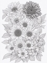 Black and white flower coloring page  for floral coloring book. doodle floral hand drawn drawing sketch, KDP interior with generative ai