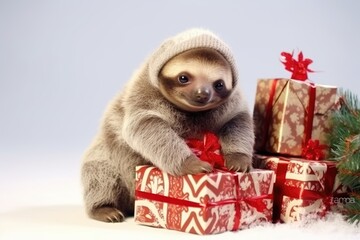 Fototapeta premium cute baby sloth with christmas gift boxes on white background