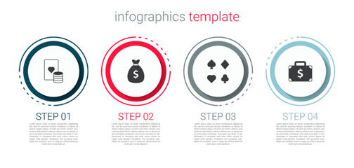 Set Casino chip and playing cards, Money bag, Deck of and Briefcase money. Business infographic template. Vector