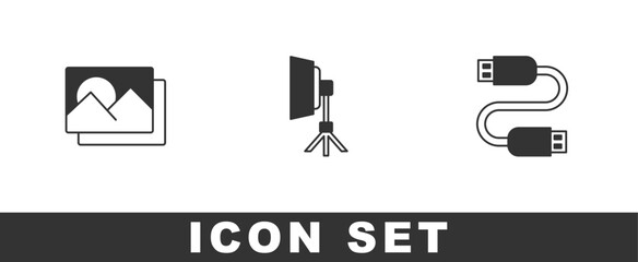 Set Photo frame, Softbox light and USB cable cord icon. Vector