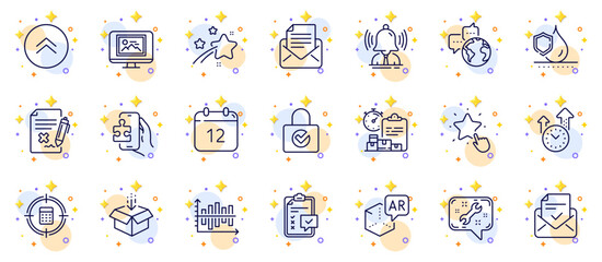 Outline set of Password encryption, Brand and Checklist line icons for web app. Include Annual calendar, Approved mail, Puzzle game pictogram icons. World communication, Get box. Vector