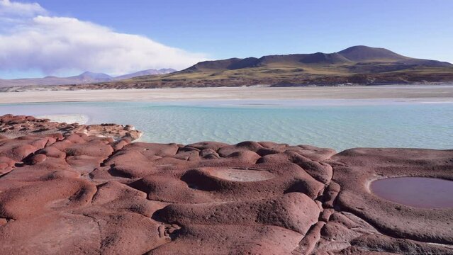 beautiful landscape view to Las Piedras Rojas in Salar de Aguas Calientes of San Pedro de Atacama