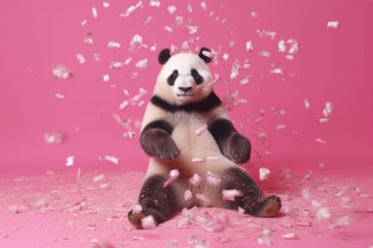 Cute Panda in Celebrating party with Confetti on pink background