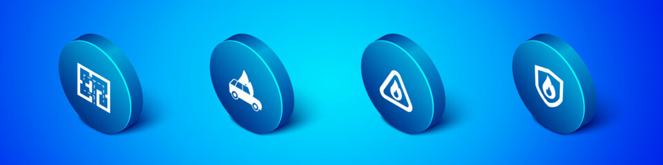 Set Isometric Evacuation plan, Fire flame in triangle, protection shield and Burning car icon. Vector