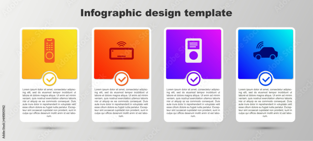 Sticker Set Remote control, Computer keyboard, Music player and Smart car system. Business infographic template. Vector