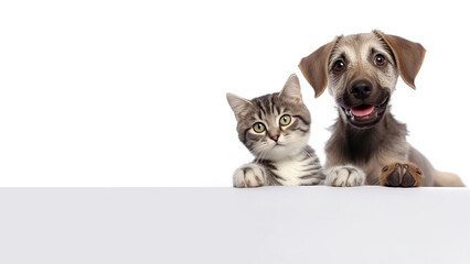 Dog and Cat With Happy Expression Holding Blank Sign